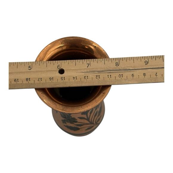 Vintage Brass/Copper Black Etched Floral & Striped Vase ~ 8” Tall Made India EUC - Picture 10 of 12